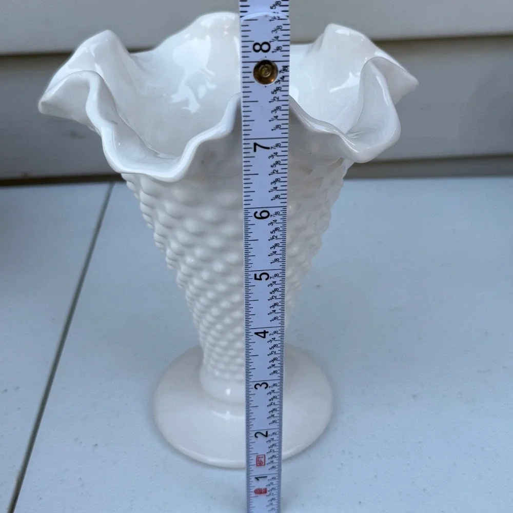 Vintage Daisy White Milk Glass Hobnail Ruffled Vase Cottage Farmhouse Decor